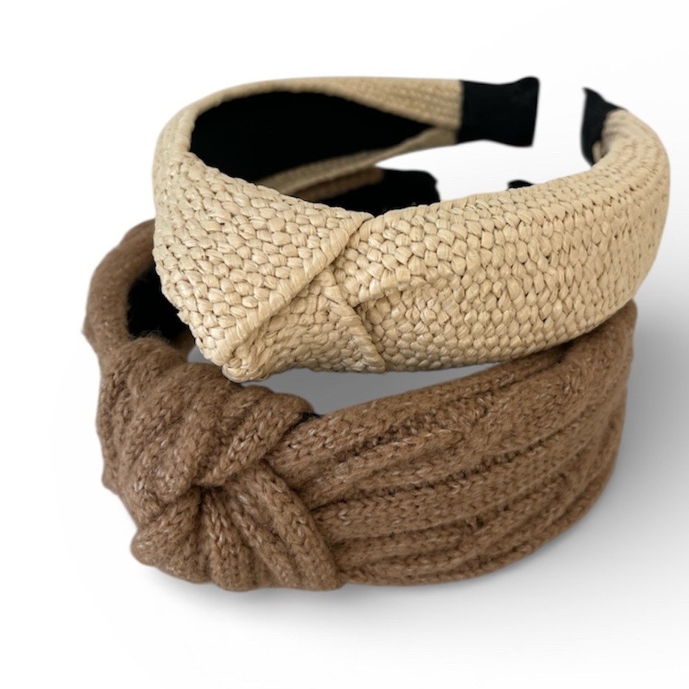 Pair of 2 Brown Beige Top Knot Hairbands Straw Cable Knit Sweater Material NWOT